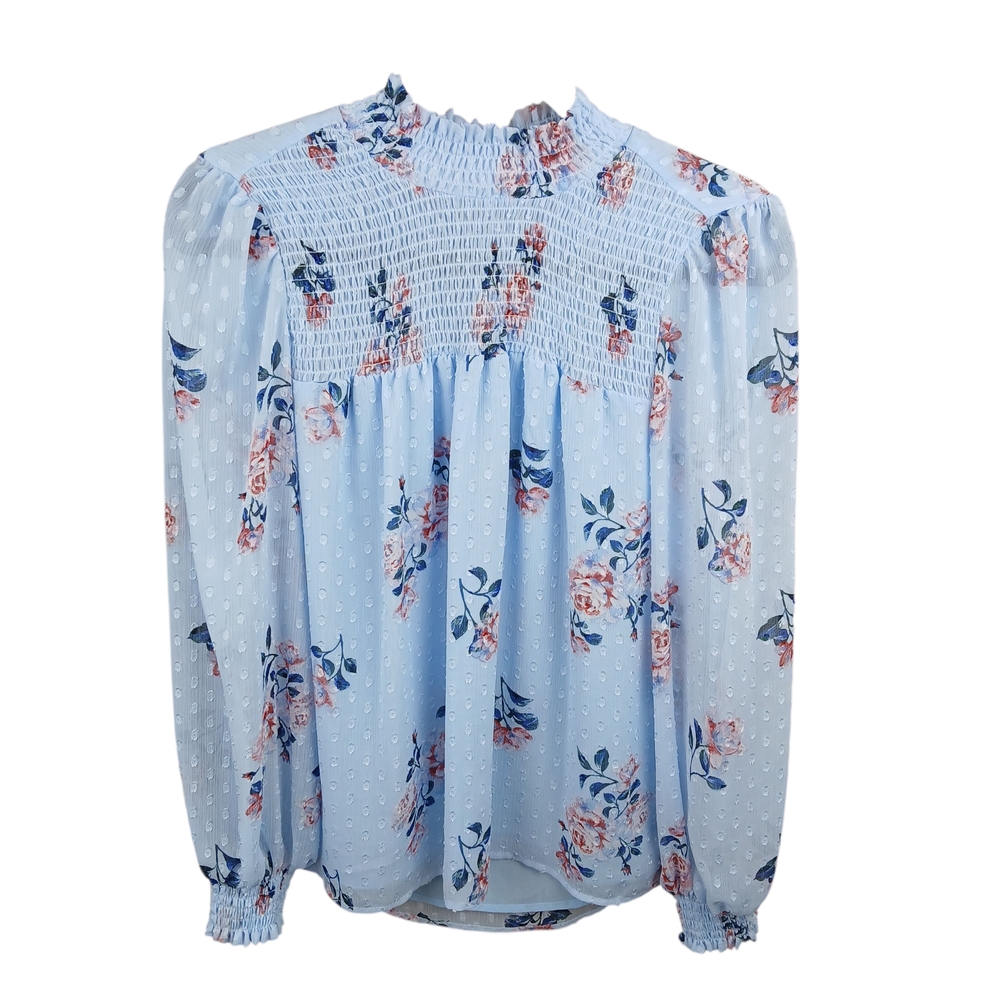 Maison d' Amelie Size Small Elegant Floral Women's Blouse Soft Blue Long Sleeve